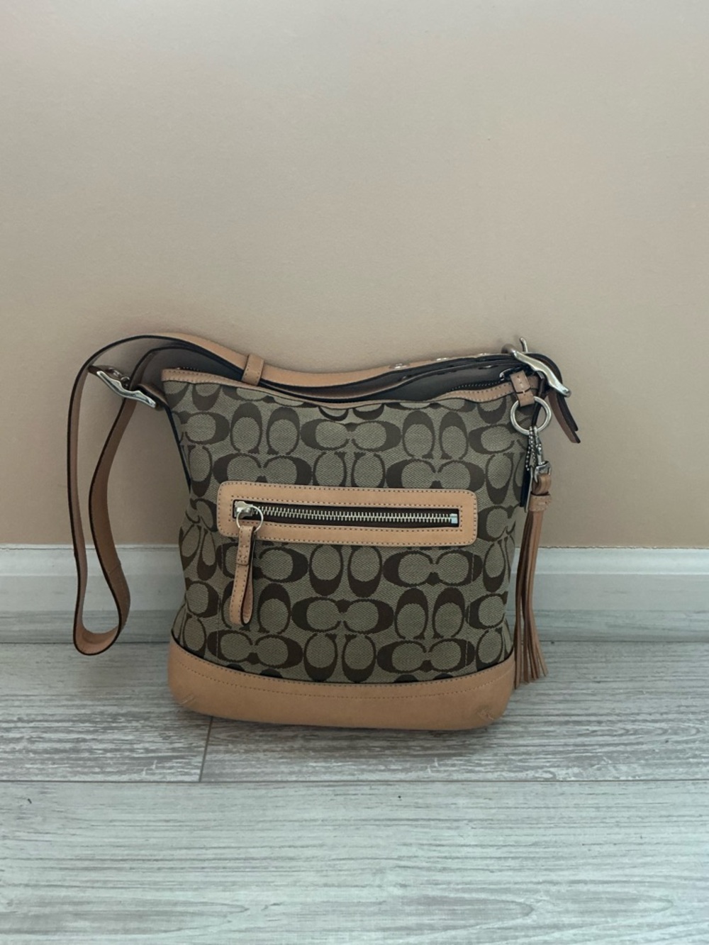 Coach Signature Canvas Crossbody in Brown and Tan Leather Trim